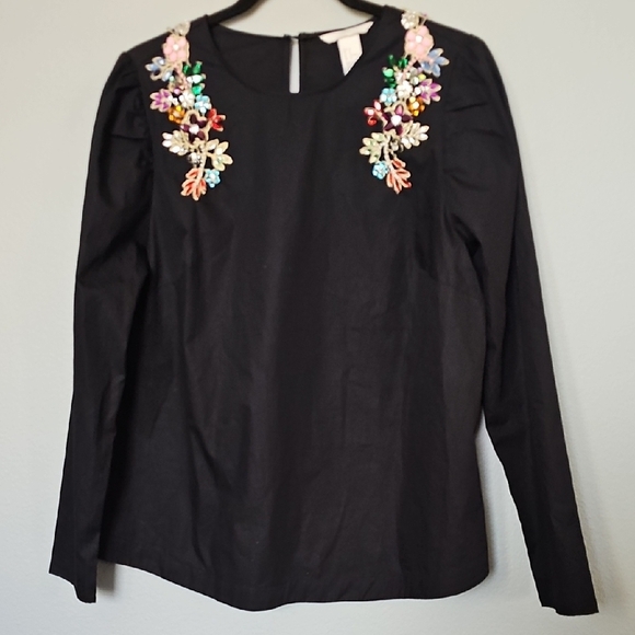 H&M Jeweled Gem embellished Black L/S Romantic Blouse NWT Size 14 - Picture 1 of 9